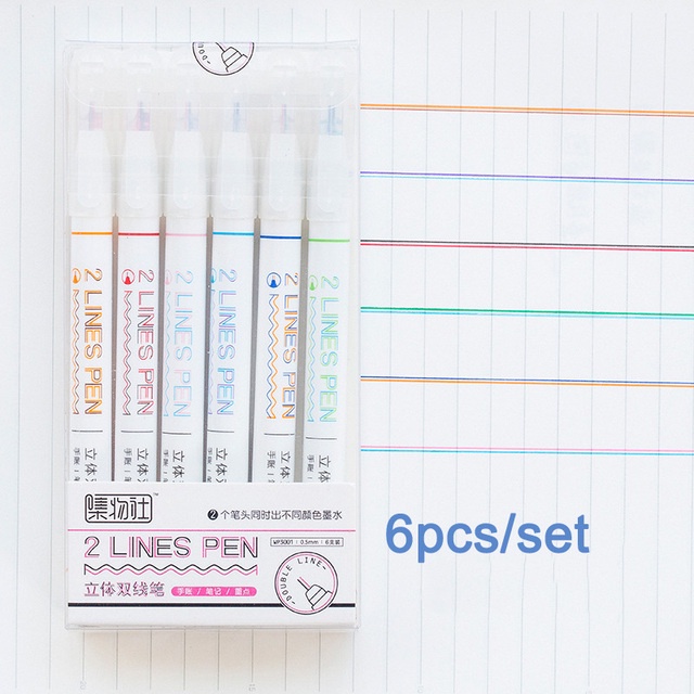 6pcs/pack 2baris Pen Set Garis Ganda Tinta Air Warna Merah Biru Tip Art Gambar Liner Scrapbooking 0.5mm Alat Tulis