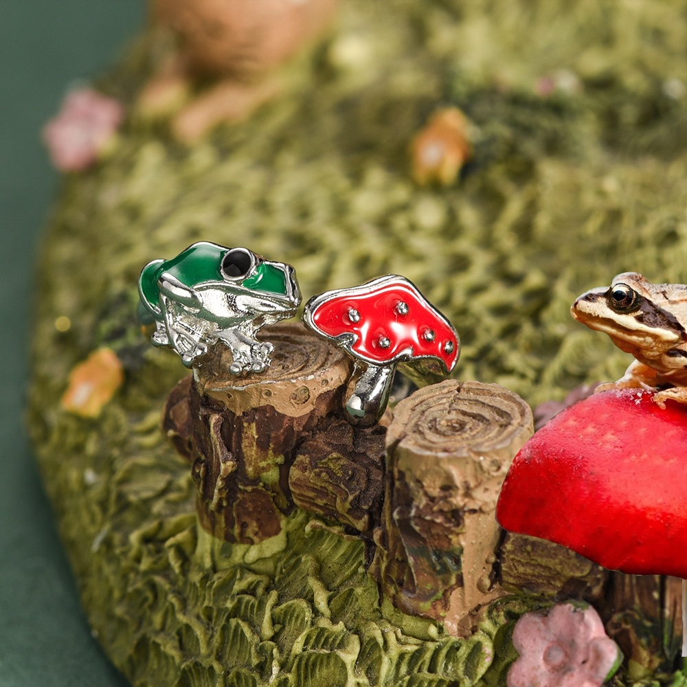 Rustic Green Frog Red Mushroom Rings Warna Emas Perak Cincin Kodok Lucu Desain Terbuka Cincin Yang Dapat Disesuaikan Best Friend Couple Rings