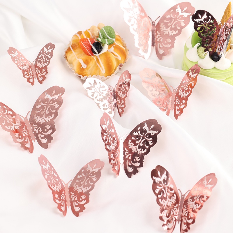 12pcs/paket 3D Hollow Butterfly Dekorasi Kue/Kertas Butterfly Perlengkapan Hias Dinding Rumah