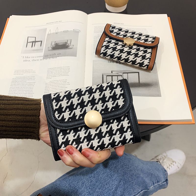 Sera baru dompet kecil wanita pendek kanvas retro houndstooth lipat sederhana multi-slot kartu tas kartu kecil dompet koin untuk wanita