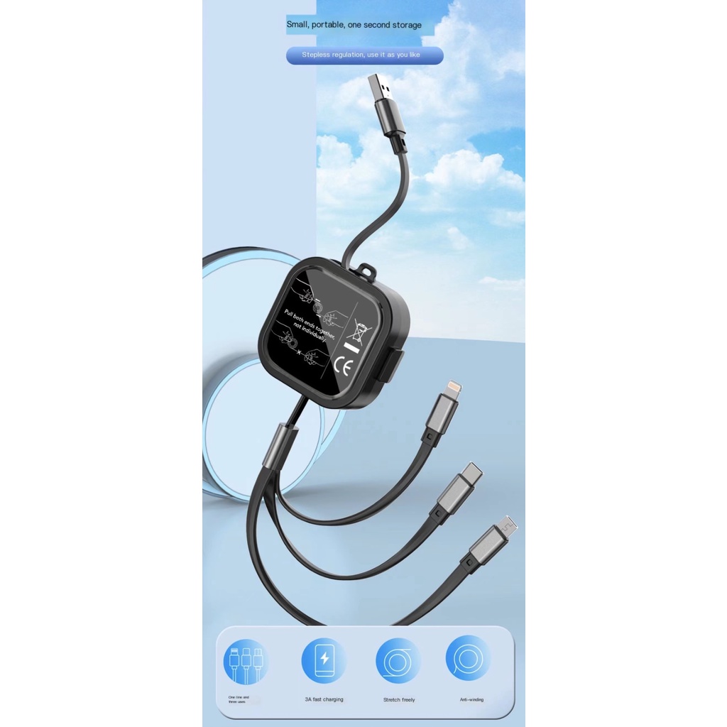 3in1 Kabel Data Charger Braket Persegi Kreatif Penyimpanan Yang Dapat Ditarik Kabel Silikon Tipe-C Micro USB Untuk iPhone Android Samsung