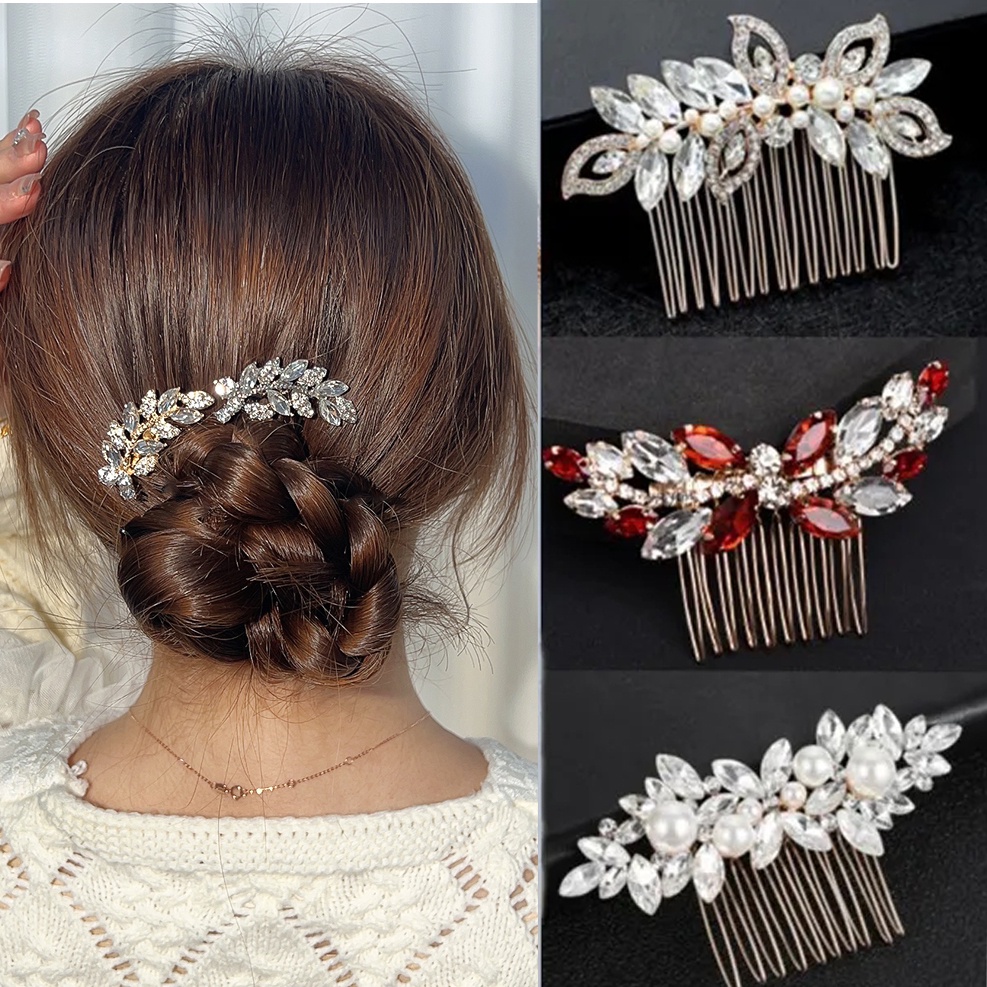 [HOT Sale] Anak Sisir Aksesoris Rambut Gadis Untuk Pengantin Pernikahan Daun Rambut Sisi Wanita Ladies Anak Bayi Kristal Rambut Klip Fashion Mutiara Berlian Imitasi Alloy Hiasan Kepala Bridesmaid