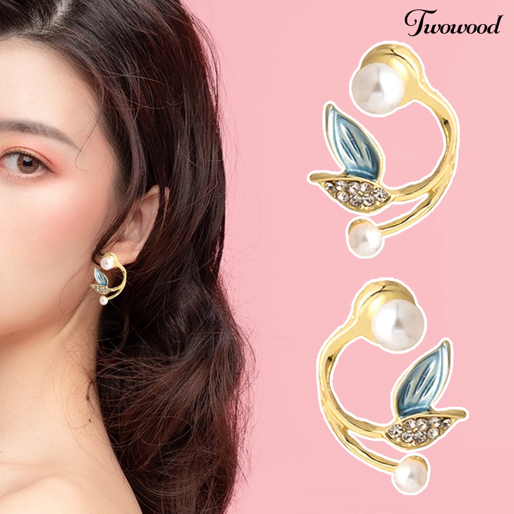 Twowood 1pasang Anting Tusuk Glitter Mutiara Imitasi Dekorasi Telinga Retro Temperamen Mermaid Tail Shape Rhinestone Earrings Untuk Perjamuan