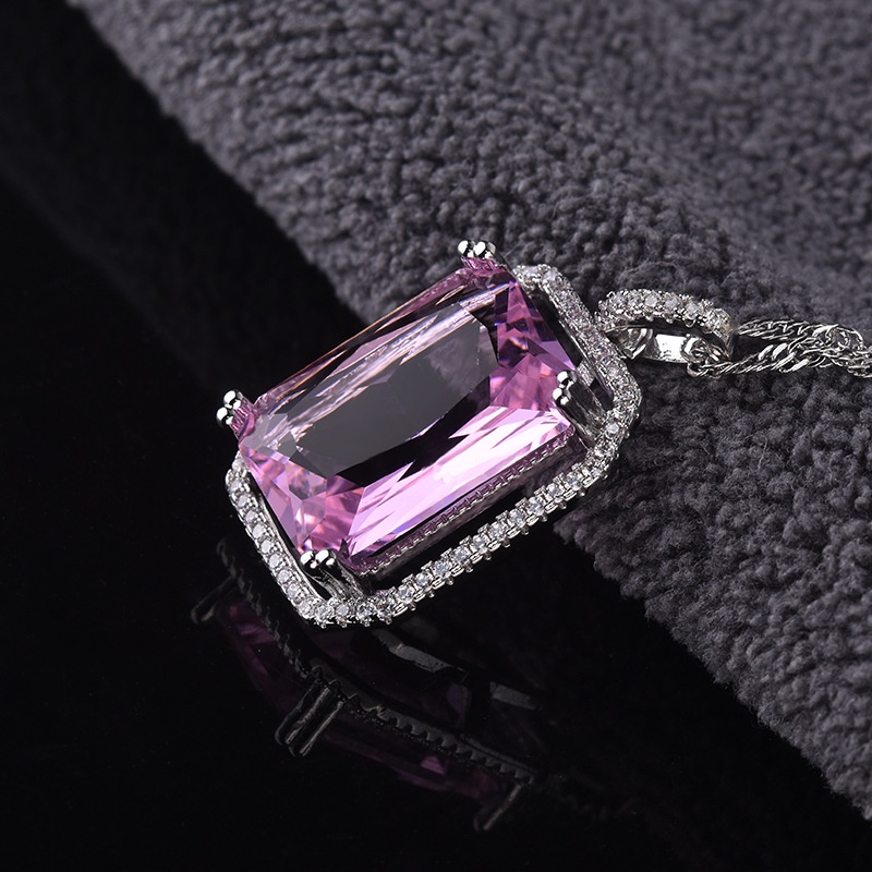 Goldkingdom Fashion Perhiasan Aksesoris Ready Stock Baru High-end Fashion Super Populer Persegi Panjang Pink Zirkon Mewah Kalung Liontin Wanita Versi Korea Rantai Tulang Selangka