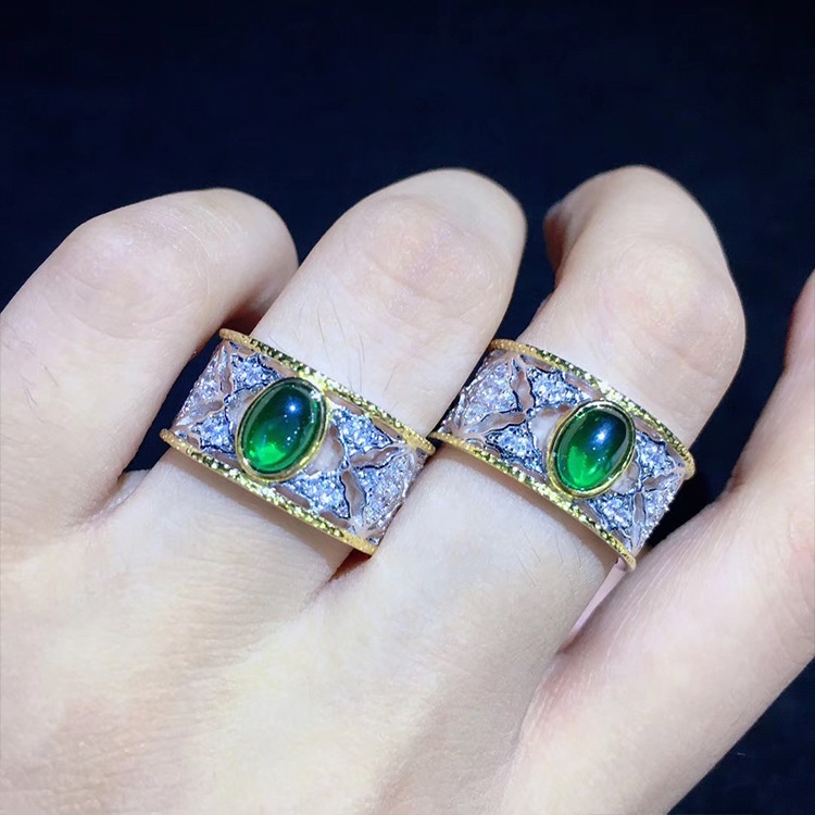 Goldkingdom Aksesoris Perhiasan Fashion Ready Stock French Retro Woven Grafir Emas Asli Kadar 375 Digambar Tangan Yang Dapat Disesuaikan Cincin Set Dengan Zamrud Colombia Ring