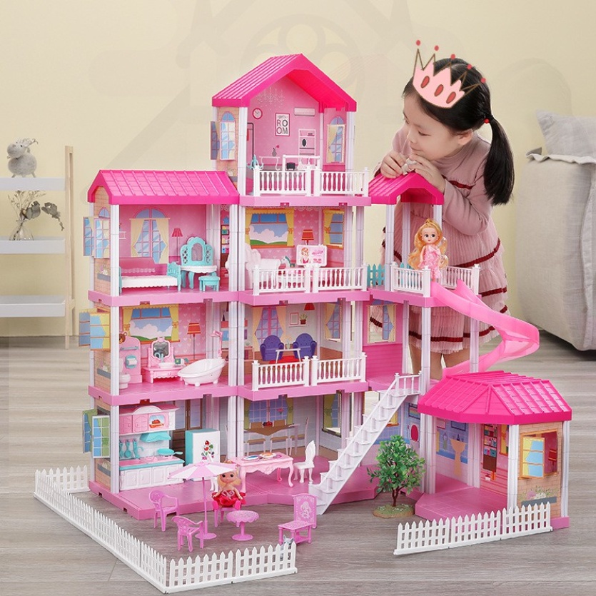 COD 105Pcs/126Pcs/162pcs Permainan Anak-anak Rumah Mainan Rumah Boneka Villa Kastil Putri Setelan Gadis simulasi Dirakit Rumah DIY Hadiah/Mainan Dream Castle Rumah Boneka DIY