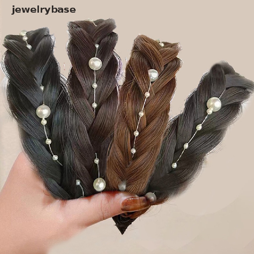 [jewelrybase] Melebar Tulang Ikan Kepang Bando Mutiara Wig Twist Handmade Retro Head Hoop Headwear Hair Styling Lazy Aksesoris Rambut Untuk Wanita Butik