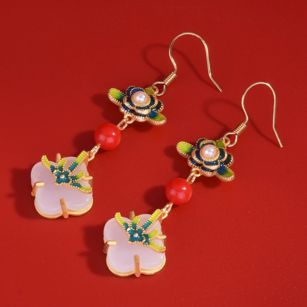 Goldkingdom Aksesoris Perhiasan Fashion Ready StockAncient Warisan Sepuhan Pengerjaan, Anting Enamel Dicat Klasik Oriental, Jumbai Lotus Dan Anting Pejantan Giok