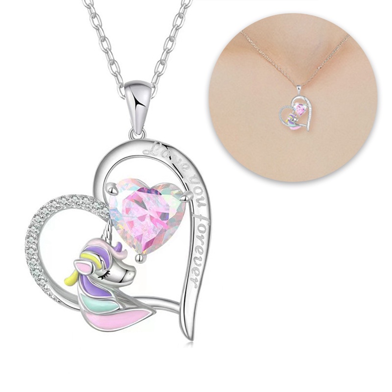 Unik Fashion Hati Unicorn Anak Kalung Untuk Wanita Hewan Kuda Pelangi Kristal Birthstone Liontin Hadiah Hari Kasih Sayang