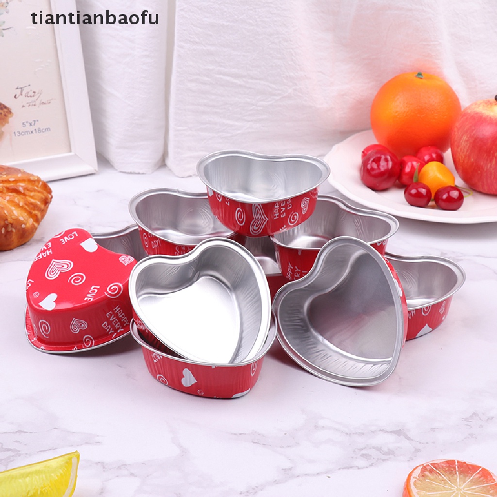 [tiantianbaofu] 10pcs/set 100ML Gelas Kue Aluminium Foil Berbentuk Hati Dengan Tutup Loyang Kue Butik