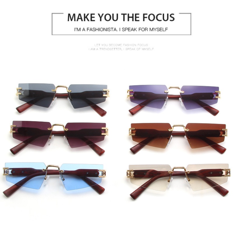 (YUZHU) Hip Hop Gaya Punk Frameless Serat Kayu Kaki Kacamata Hitam Wanita Mode Barat High End Sense Shaped Sunglasses