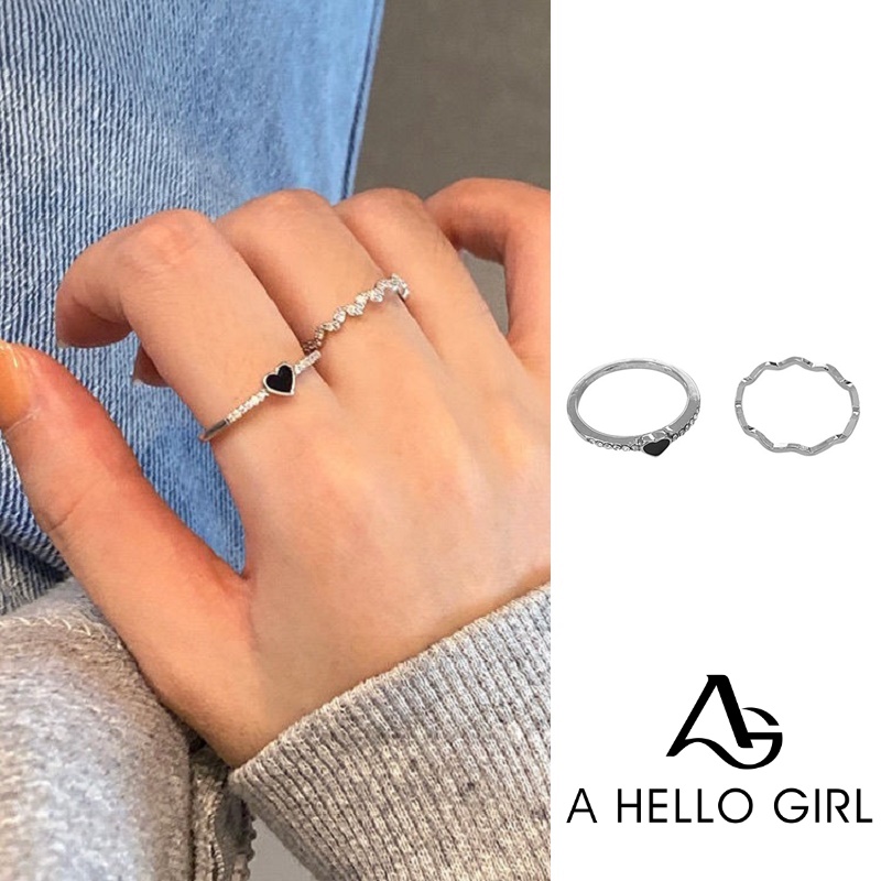 Hello Girl Cincin Desain Hati Hias Zircon Hitam Gaya Korea Untuk Wanita