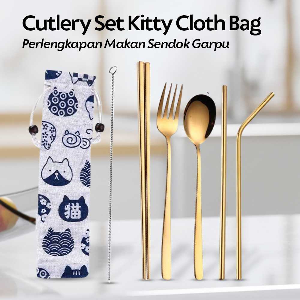 (BISA COD) FTIHSHP Tofok Cutlery Set Perlengkapan Makan Sendok Garpu Kitty Cloth Bag - T5