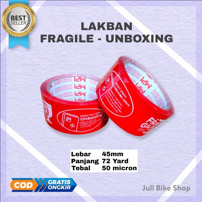 Lakban FRAGILE wajib video unboxing merah 72 yard isolasi tebal 45mm packing