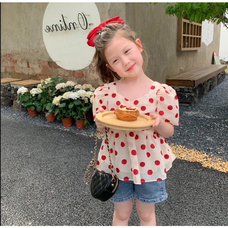 [Cocobaby] Set Anak Cewek Stelan Anak Perempuan Import Blus Polkadot Merah + Celana Jeans Pendek