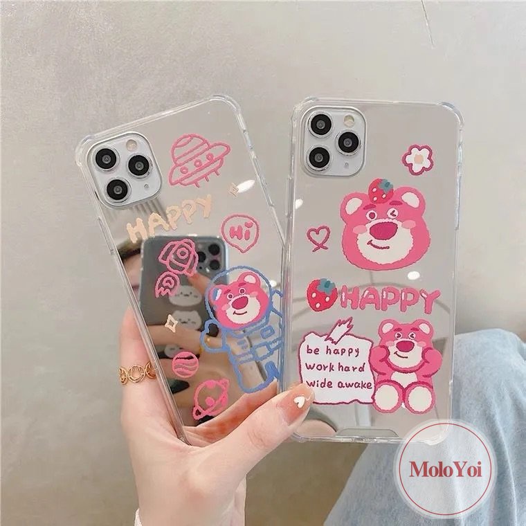 IPHONE Kartun Astronot Manyo Make Up Cermin Ponsel Case Kompatibel Untuk Iphone11 13 12 Pro MAX XR 7plus 78 Plus X XS MAX SE 2020 Beruang Strawberry Lucu Shockproof Soft Cover