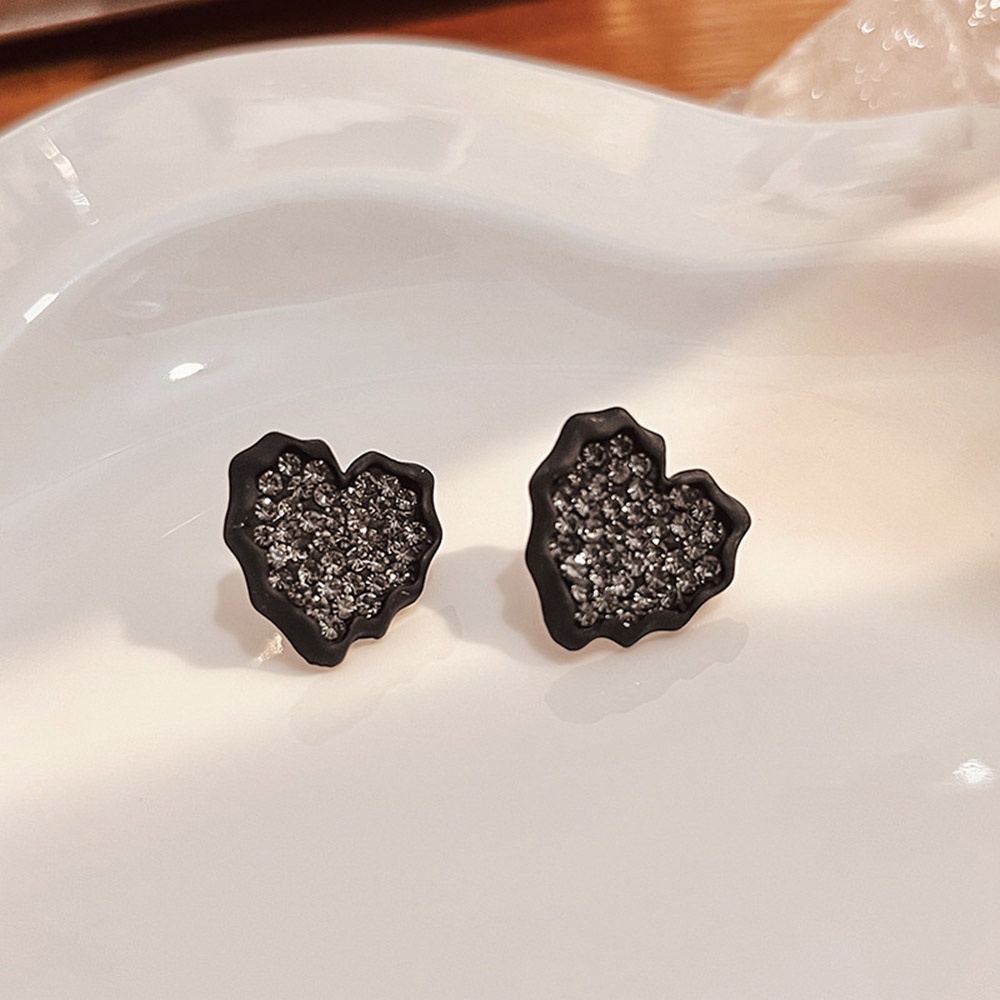 Vintage Geometris Berlian Imitasi Jantung Stud Anting Hitam Perhiasan Wanita Aksesoris Fashion