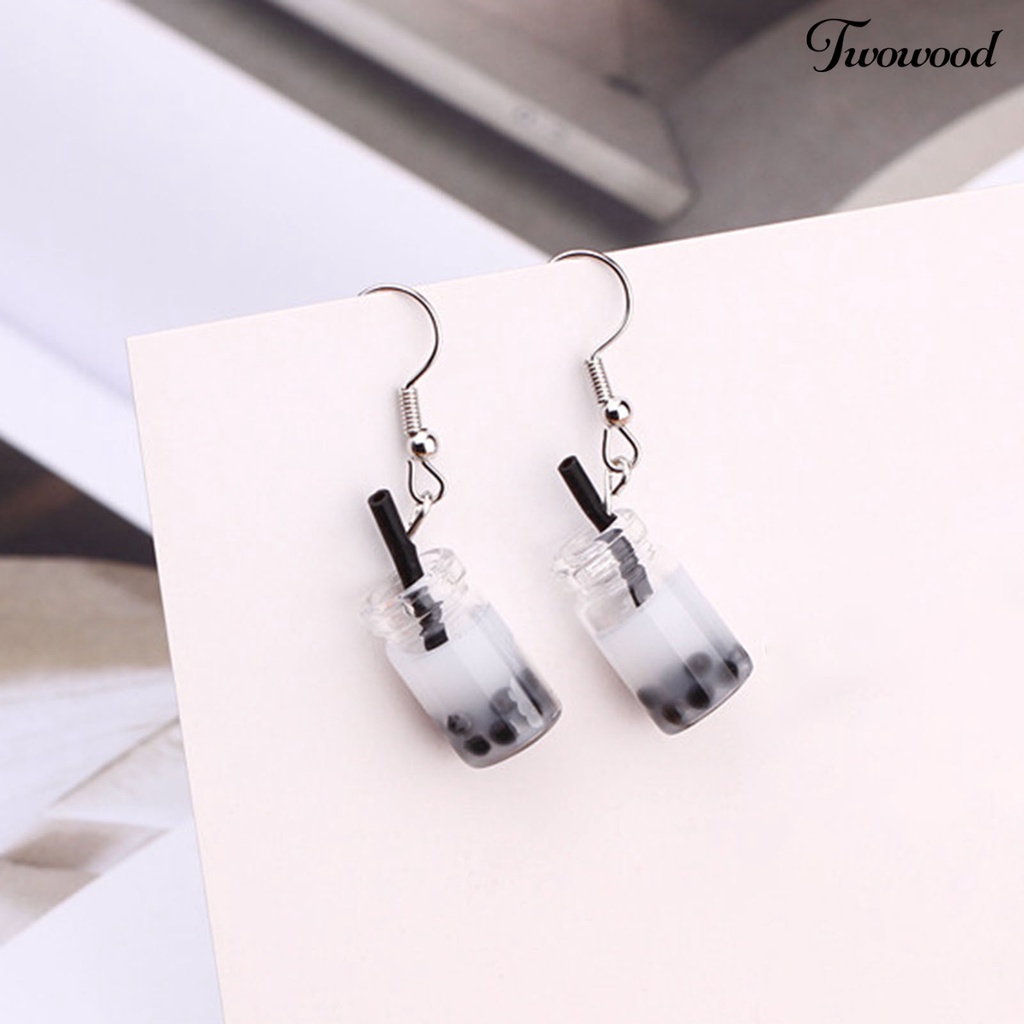 Twowood 1pasang Anting Kait Lucu Imut Gaya Sederhana Hypoallergenic Hadiah Kaca Teh Susu Liontin Wanita Menjuntai Anting Perhiasan Fashion