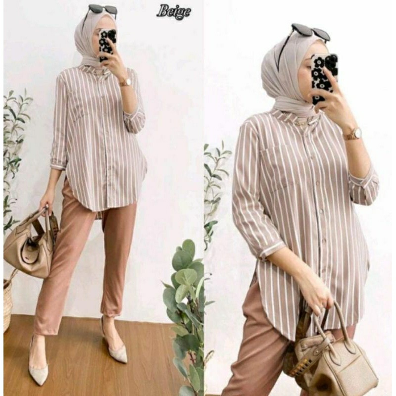 One Set Salur | One Set Kemeja Wanita Garis Salur trend Kekinian