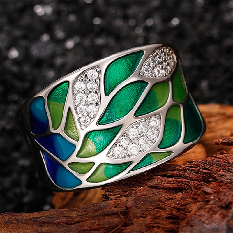 Gaya Bohemia Daun Hijau Enamel Cincin Untuk Wanita Menawan Ladies Rings Pesta Dansa Mewah Ulang Tahun Gadis Hadiah Fashion Perhiasan