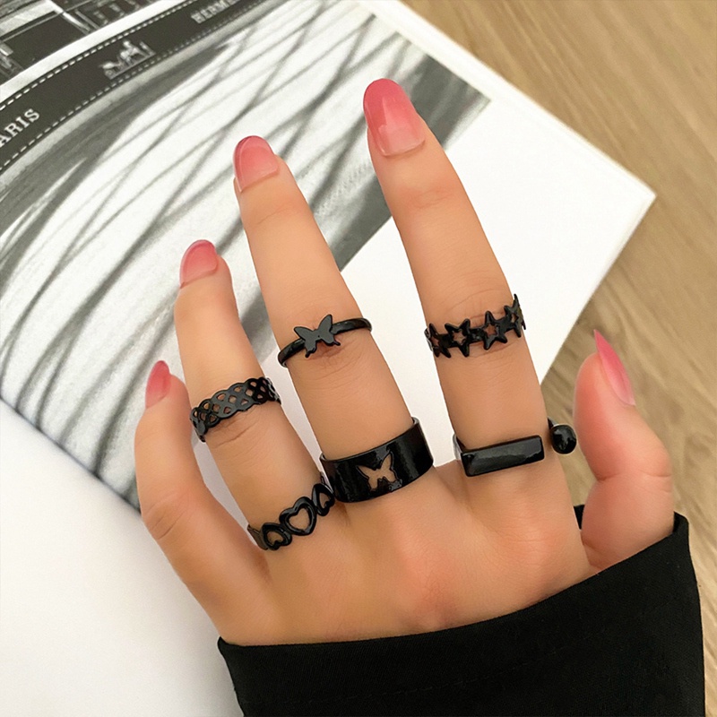 6pcs/set Punk Jari Cincin Minimalis Halus Hitam Geometris Logam Cincin Untuk Wanita Perempuan Pesta Fashion Perhiasan