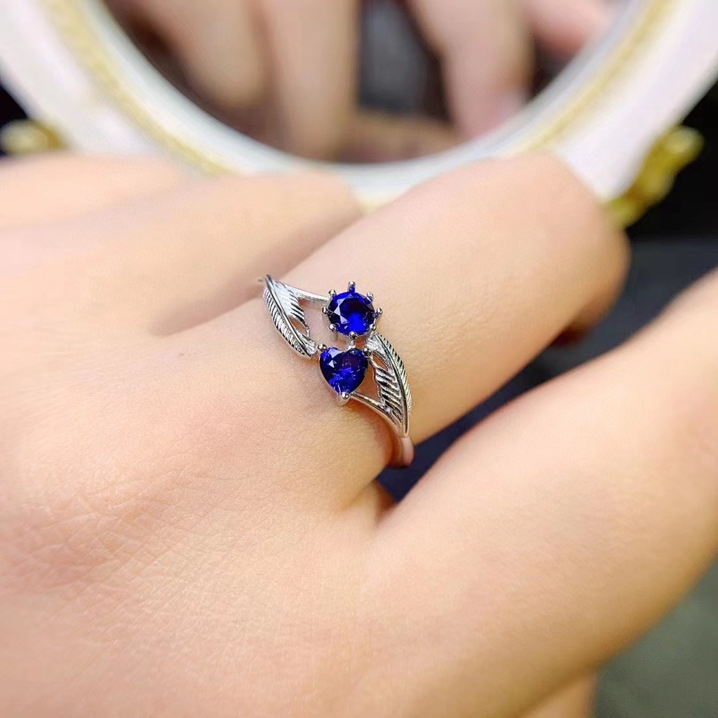 Goldkingdom Aksesoris Perhiasan Fashion Ready Stock Blossom Niche Desain Imitasi Alami Tourmaline Set Biru-Hijau Zirkonium Cincin Vintage Bulu Royal Safir Cincin Wanita