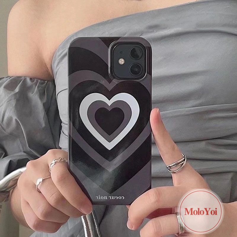 IPHONE Case Cinta Hati Gradasi Hitam Kompatibel Untuk Iphone11 Pro Max 7plus XR 14 13 12 Pro Max7 8 Plus X XS Max SE 2020 Shockproof Glossy Halus Soft Cover