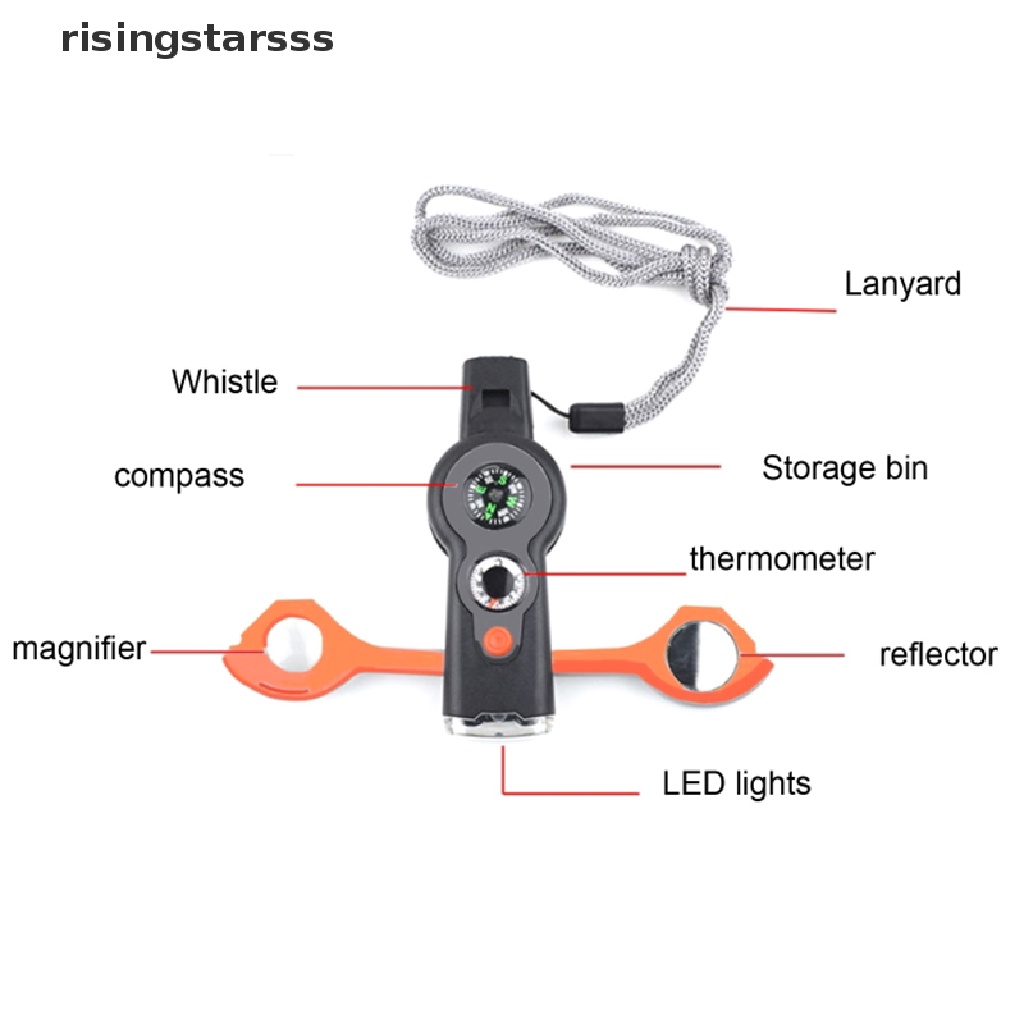 Rsid Span-new 7in1 Outdoor Survival Whistle Keychain Kompas Kaca Pembesar Lampu LED Termometer Jelly