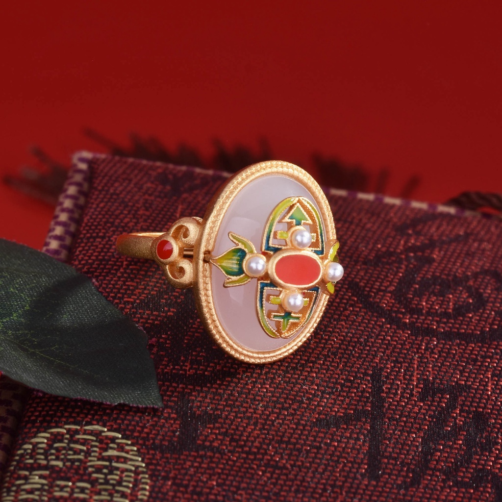 Goldkingdom Fashion Perhiasan Aksesoris Ready Stock Metode Kuno Warisan Gilt Craft Dicat Enamel Hetian Giok Cincin Berlapis Emas Asli Kadar 375 Mulia Retro Elegan Cincin