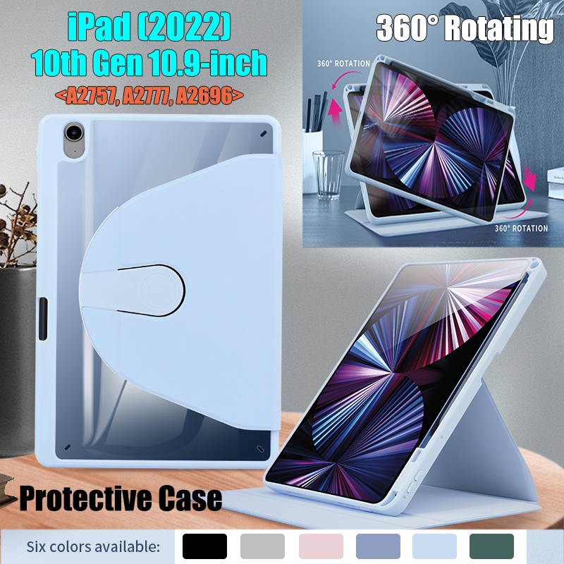 Untuk Ipad10 (2022) 10.9 &quot;iPad 10th Gen 10.9-inci A2757 A2777 A2696 Tablet Case Pelindung Fashion360° Rotating Stand Cover High End Akrilik Bening Casing Kulit Flip 2-in-1