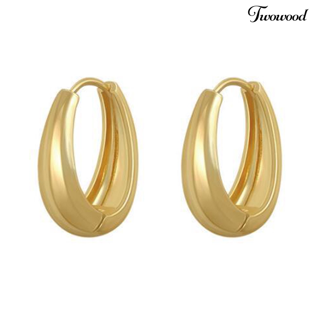 Twowood 1pasang Anting Hoop Temperamen Besar Geometris Hadiah Emas Gaya Retro Wanita Oval Anting Perhiasan Fashion