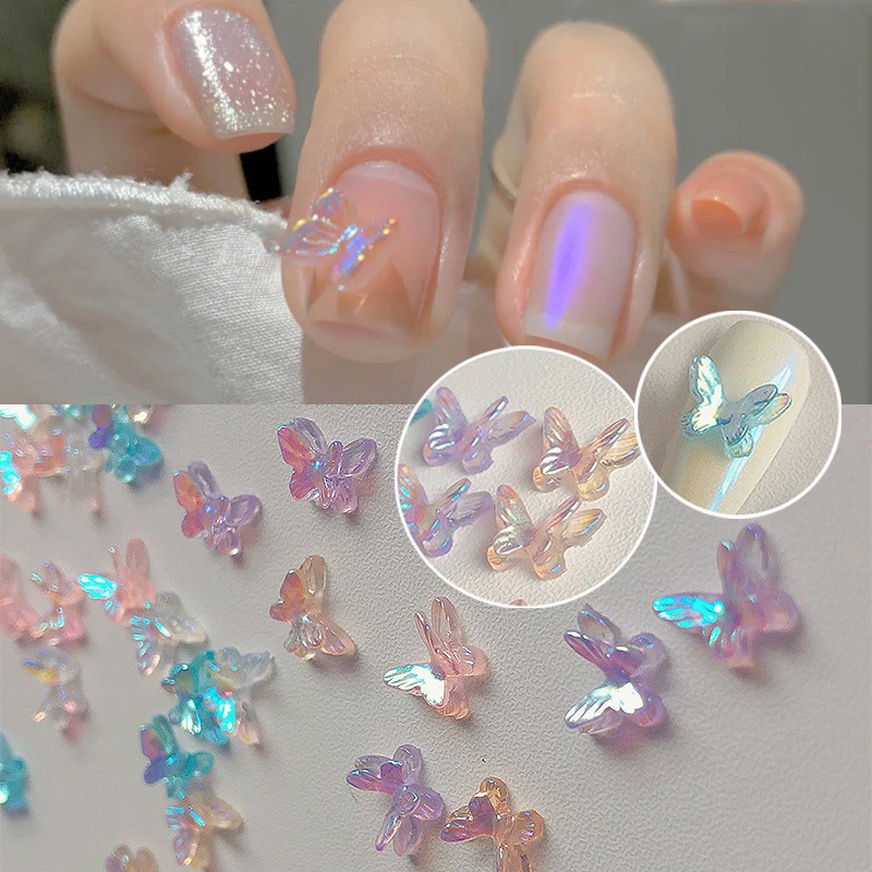 [Fiture]6/10Pcs Dekorasi Kuku Cinta Beruang &amp; Mutiara Stereo/Penembus Es Kuku Kupu-Kupu Ganda Berlian Imitasi/Nail Art 3D Stiker Hias Untuk Tip Kuku/Aksesoris DIY