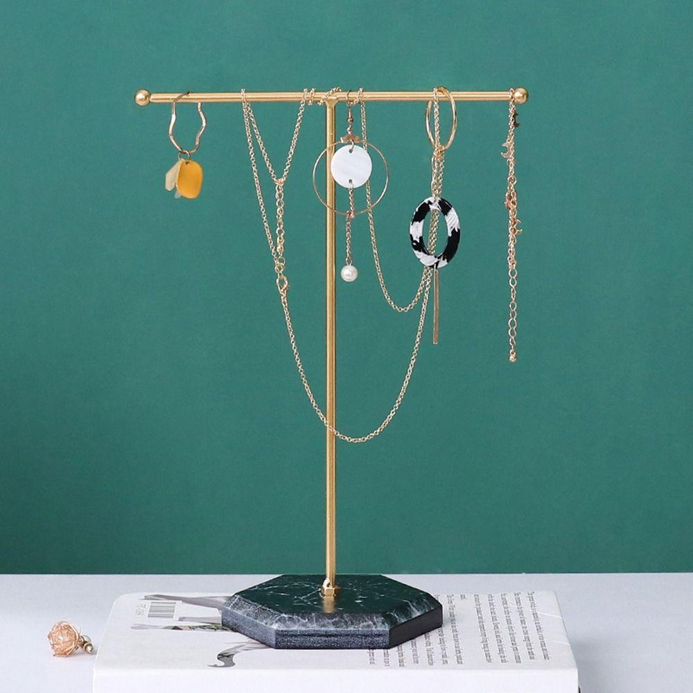 Mxbeauty Display Perhiasan Berdiri Fashion Simple Jewelry Organizer T-shaped Earrings Holder Bracket Besi Imitasi Marmer Bawah Kalung Holder