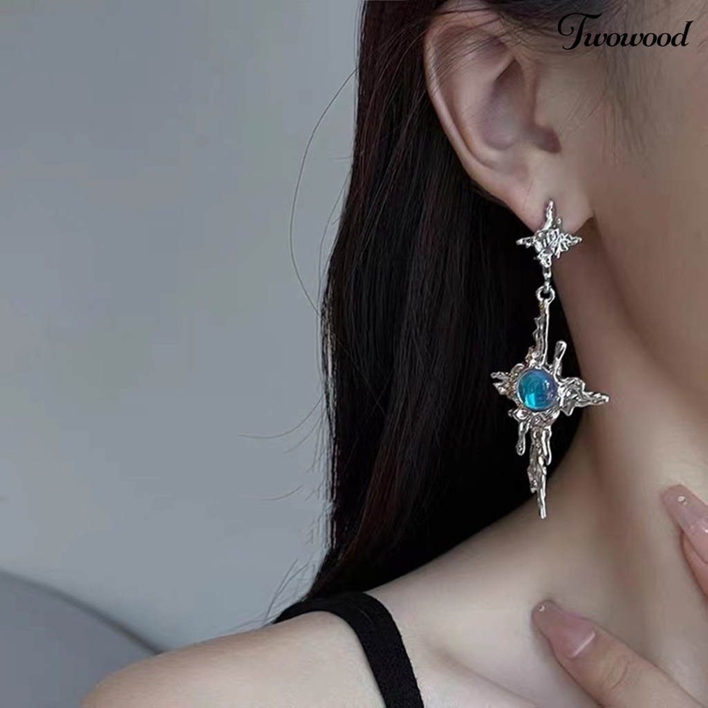 Twowood 1pasang Drop Earrings Tidak Teratur Logam Cair Panjang Rumbai Hip Hop Kilau Terang Hias Hadiah Wanita Salib Faux Moonstone Pendant Stud Earrings Perhiasan Aksesori Fashion