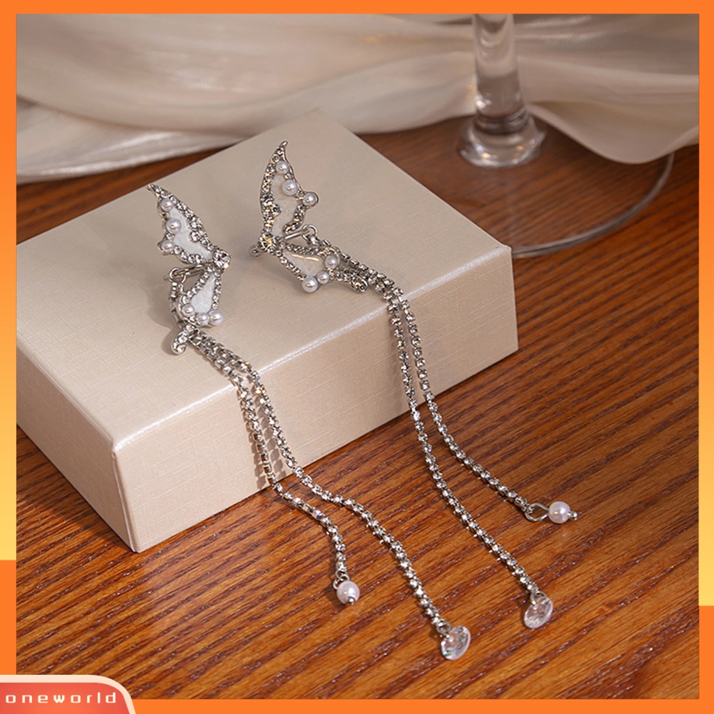 [OWR] 1pasang Manset Telinga Non-Piercing Rumbai Panjang Mutiara Imitasi Peri Elegan Berlian Imitasi Kupu-Kupu Tulang Rawan Klip Anting Perhiasan Fashion