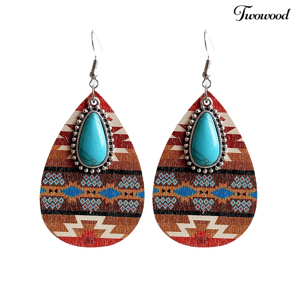 Twowood 1pasang Menjuntai Anting Bohemian Retro Gaya Etnik Imitasi Turquoise Pola Aztec Berdandan Hadiah Wanita Tetesan Air Liontin Anting Boho Perhiasan