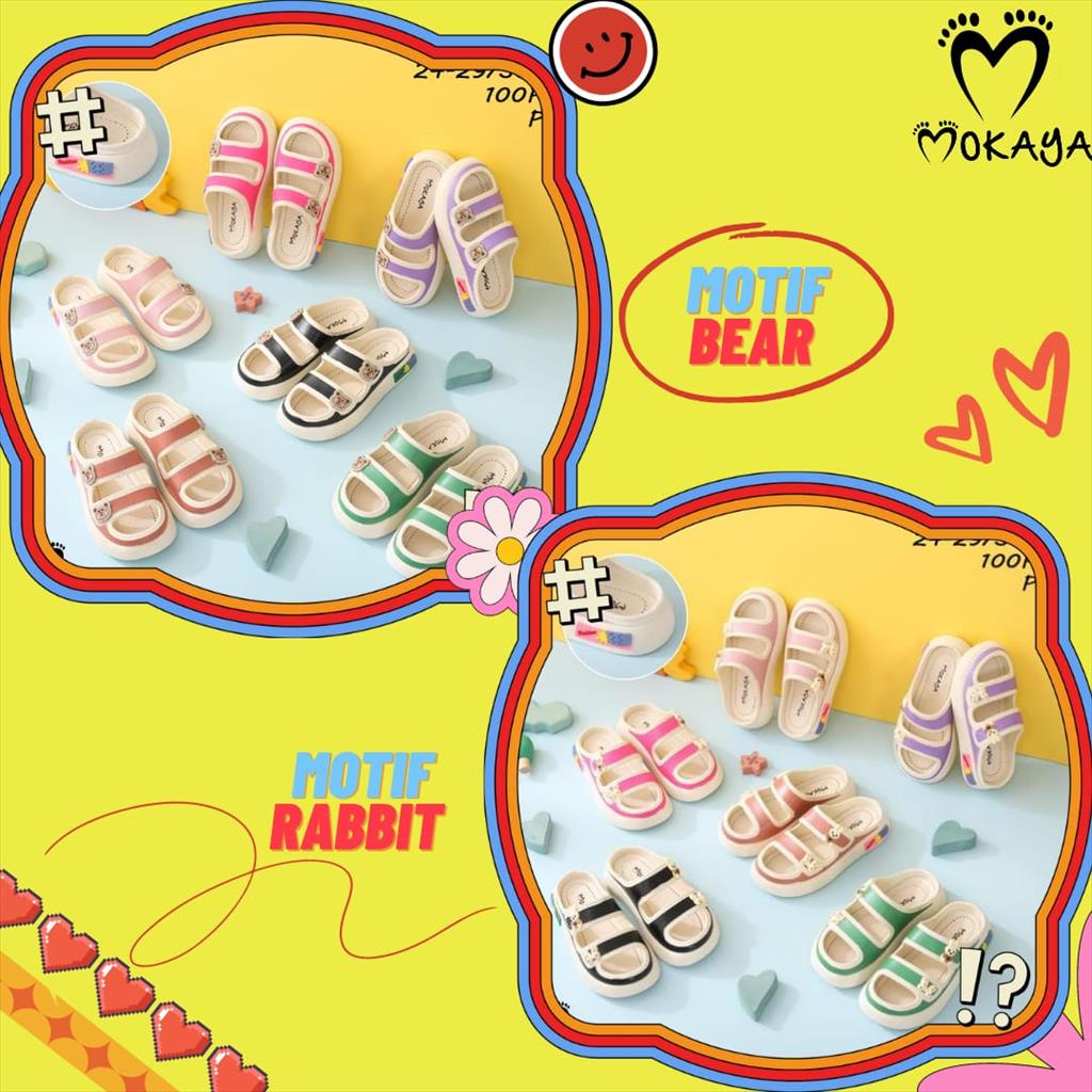 Sandal Slop Anak Cewek Ban 2 Bear Cokelat dan Rabbit Butterfly Polkadot Colorfull Platform Tebal Super Empuk Trendy Import Mokaya / Size 30-35 (029-3/029-5)