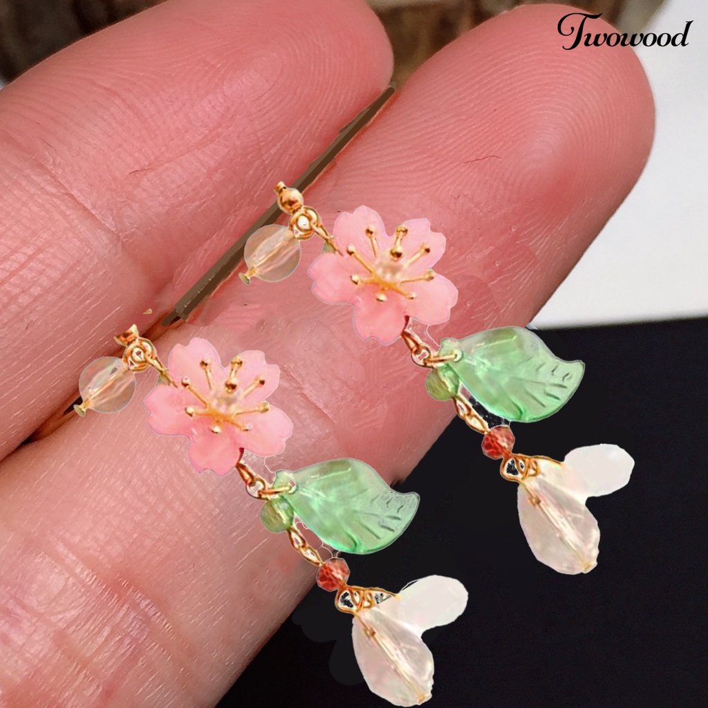 Twowood 1pasang Ladies Earrings Unik Chic Semua Pertandingan Panjang Elegan Hias Logam Bunga Sakura Menjuntai Anting Hadiah