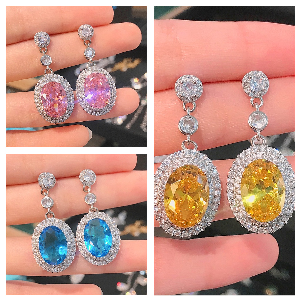 Goldkingdom Fashion Perhiasan Aksesoris Ready Stock Baru Ascher Berlian Kuning Stud Earrings Desain Berat Ringan Mewah Argyle Pink Berlian Anting Panjang Wanita