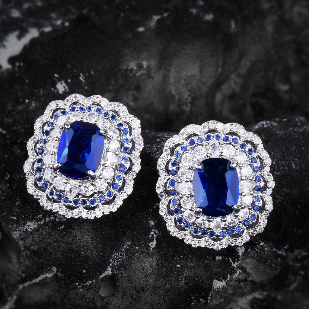 Goldkingdom Fashion Perhiasan Aksesoris Ready Stock Cahaya Mewah Penutup Belakang Desain Royal Safir Warna Harta Karun Micro Studded Earrings Perempuan