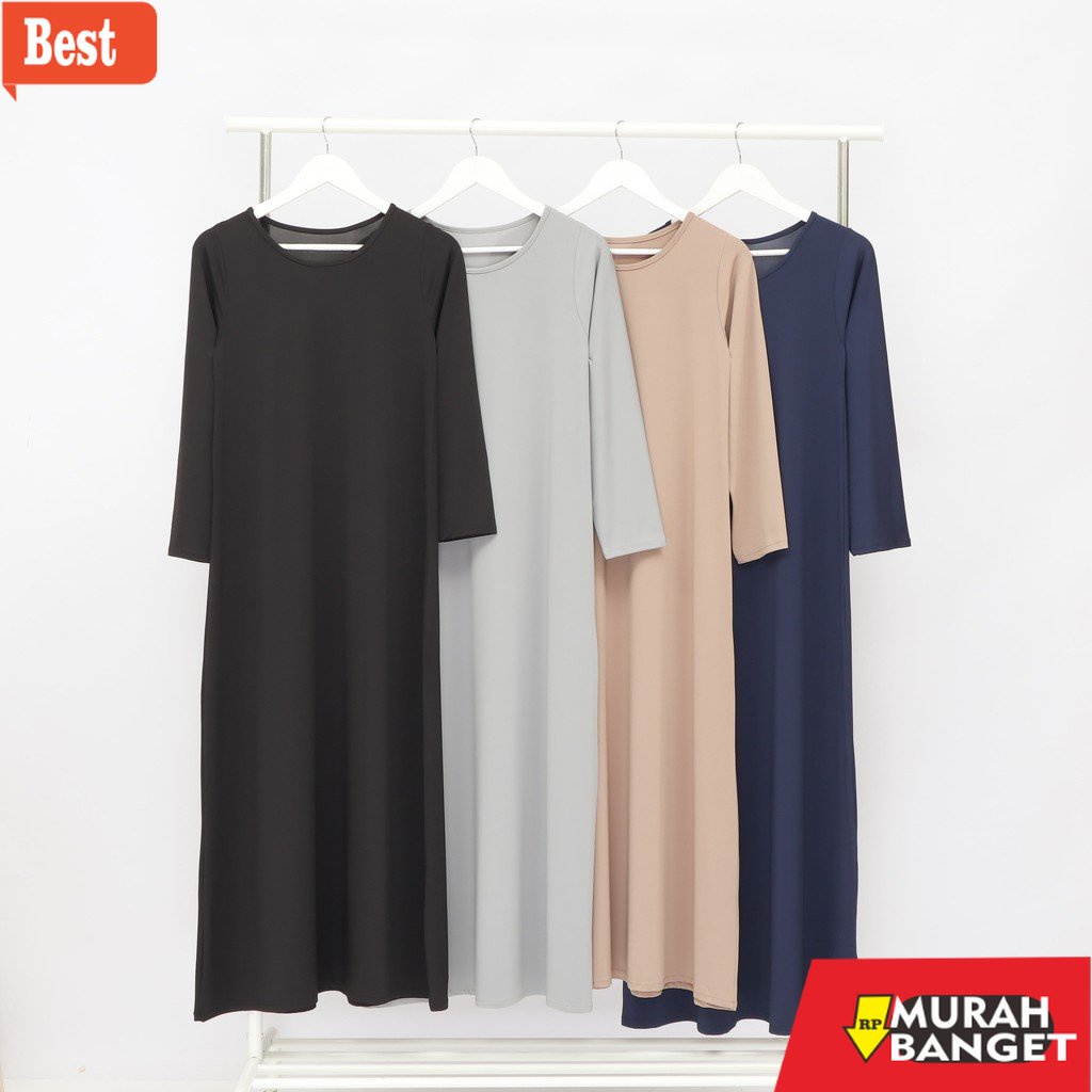 Tren baju lebaran wanita 2023- Inner Gamis / Daleman Gamis Hitam Polos Bahan Jersey Model Lengan Pan