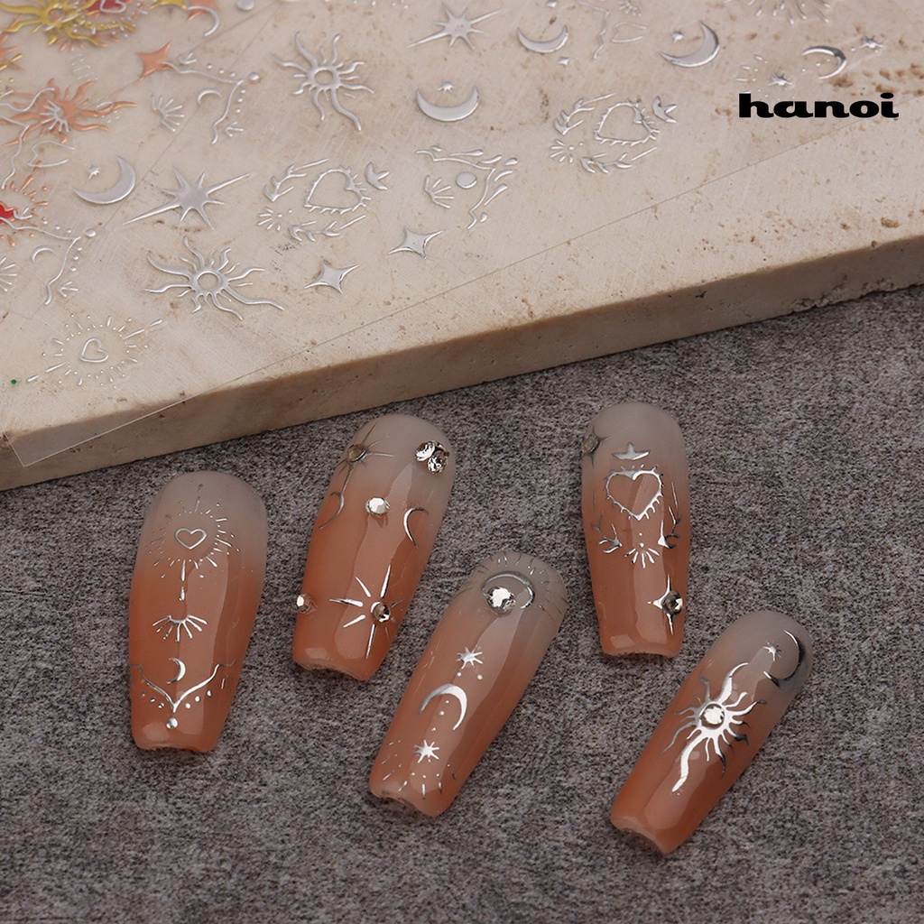 Hi 2lembar Stiker Kuku Matahari Shiny Self-Adhesive Tidak Luntur Gloss DIY Tiga Dimensi Golden Sliver Bulan Bintang Nail Art Patch Untuk Manicure