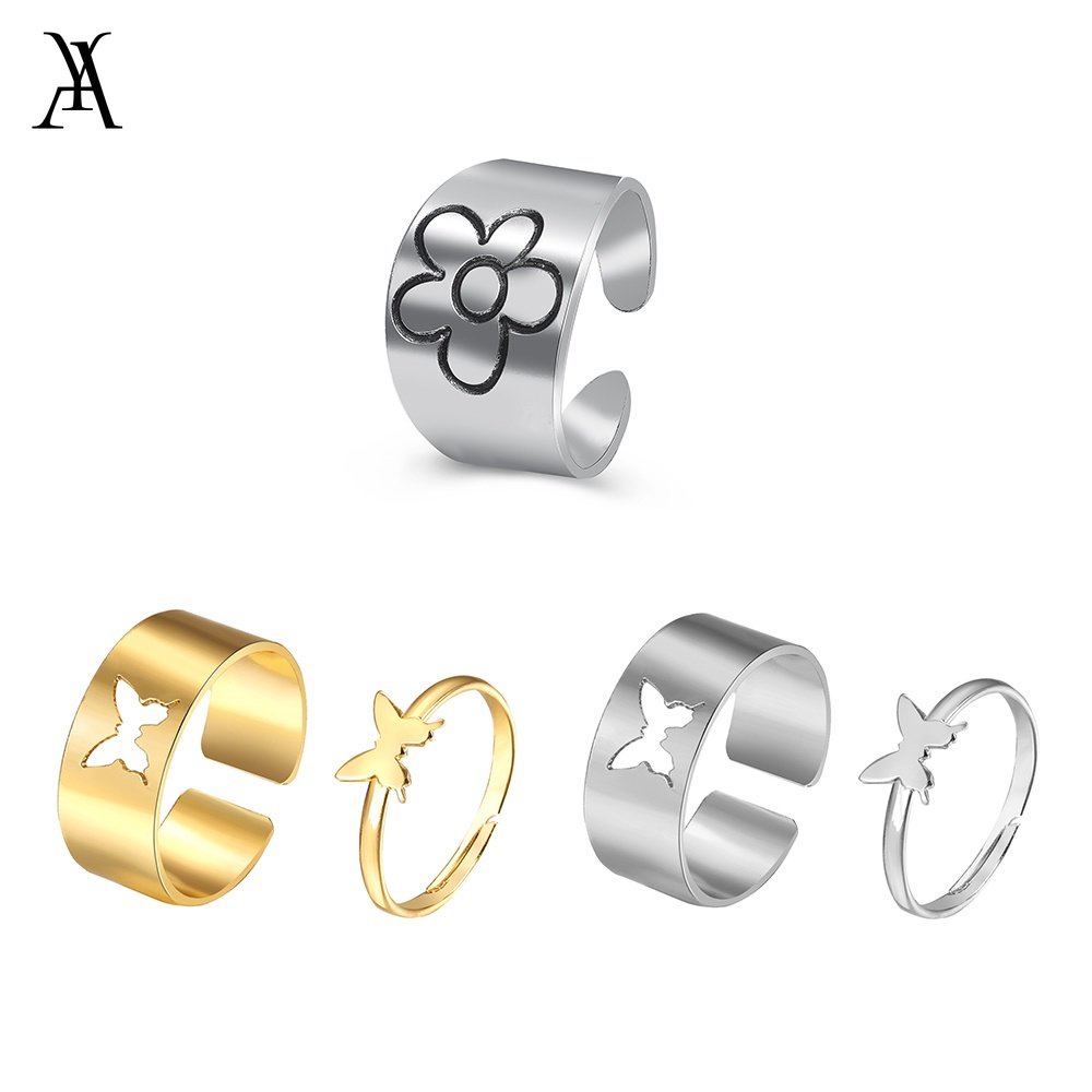 AY(CN) Set Cincin Desain Bunga Butterfly Bulan Bintang Warna Silver Gold Untuk Wanita