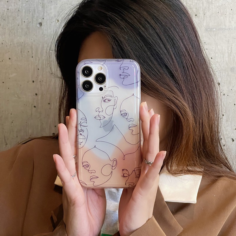 INS Art Line Girl Woman Soft Casing TPU Case iP iPhone 11 12 13 14 Pro Max + Plus FTD Cover