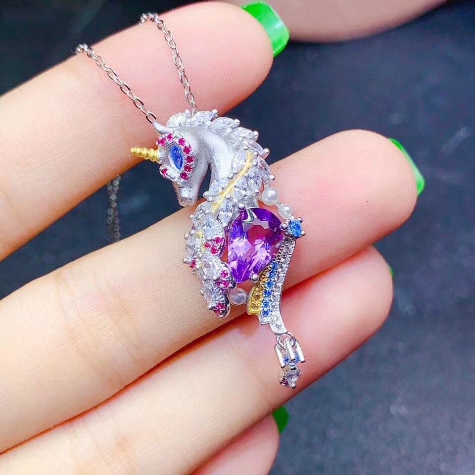 Goldkingdom Fashion Perhiasan Aksesoris Ready Stock Mewah Super Berkilau Swiss Biru Tetesan Air Imitasi Alami Topaz Liontin Berlapis Perak Unicorn Amethyst Pendant