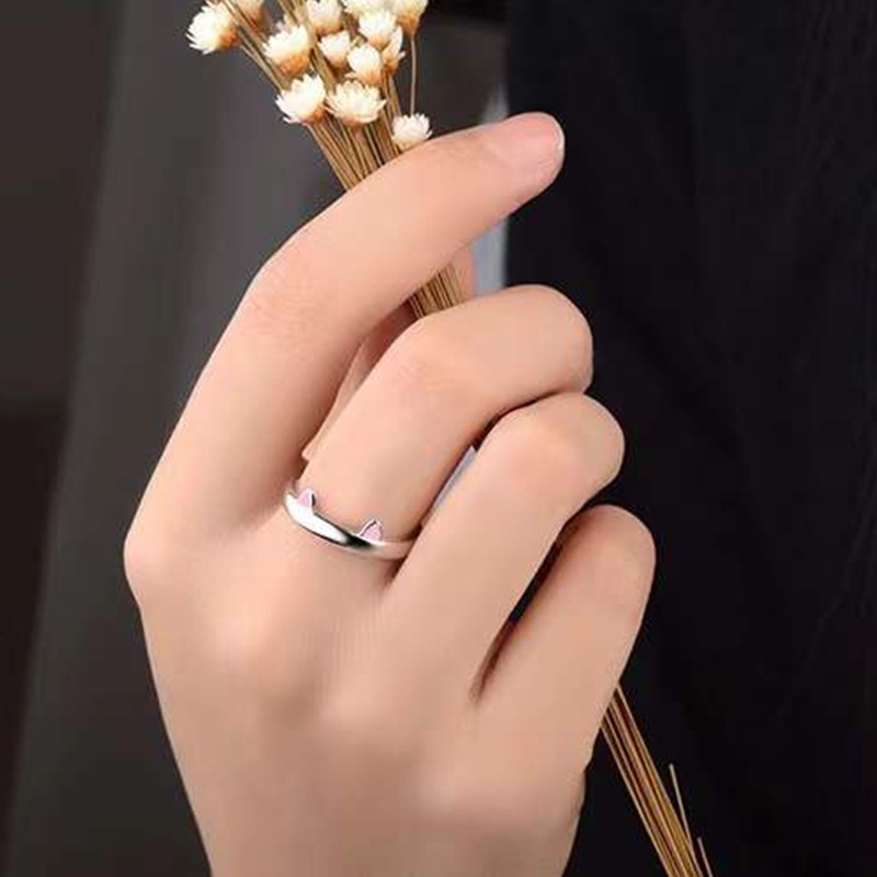 Cincin Telinga Kucing Lucu Manis Warna Perak Sederhana Kitten Ring Open Design Adjustable Ring Trendy Wanita Pasangan Perhiasan Aksesoris