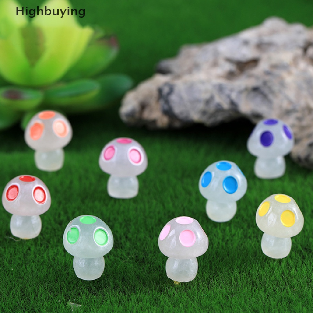 Hbid 10pcs Patung Mini Jamur Menyala Warna-Warni Miniatur Ornamen Lansekap Aksesoris Resin Glory