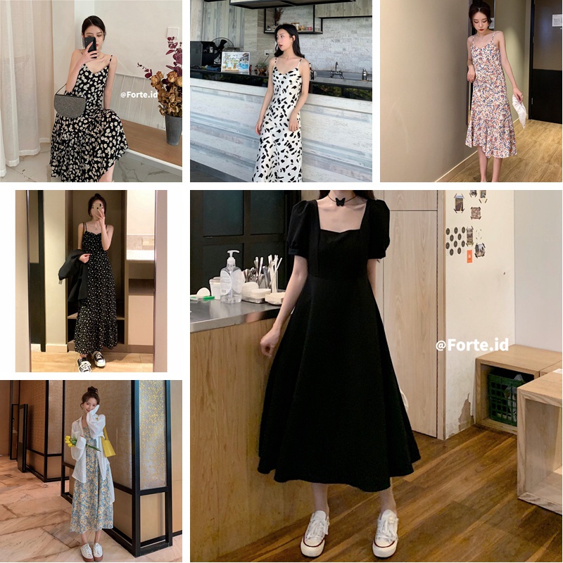 gaun dress maxi floral tanpa lengan korea style baju wanita