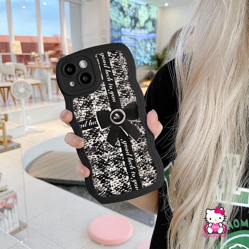 Hitam Fashion Retro Bow-Knot Soft Case OPPO A74 A12 A52 A3s A54 A57 A95 A15 A16s A16K A17 A16 A7 A5 A9 A76 A55 A5s A17K A96 Reno 8 7 6 8Z 77 A1k A53 Wavy Edge Soft Sarung