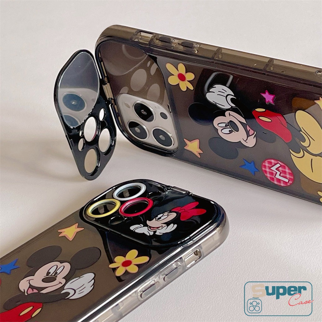 IPHONE Kreatif Indah Flip Make Up Cermin Case Kompatibel Untuk Iphone7 8 14 Plus14 11 13 12 Pro MAX X XR XS MAX SE 2020 Kartun Disney Mickey Bunga Shockproof Lembut TPU Phone Cover